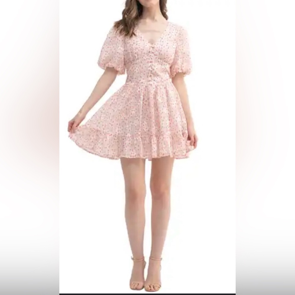 All in Favor Floral Puff Sleeve Mini Dress Cream Pink | Medium - Picture 2 of 10